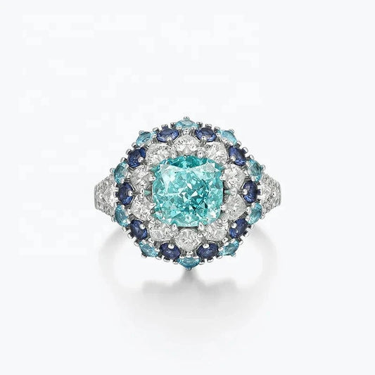 Fashion Jewelry Halo Rings Cushion 8MM Synthetic Paraiba Rings 925 Silver Plated Platinum 2.5 Carat Gemstone Jewelry Women