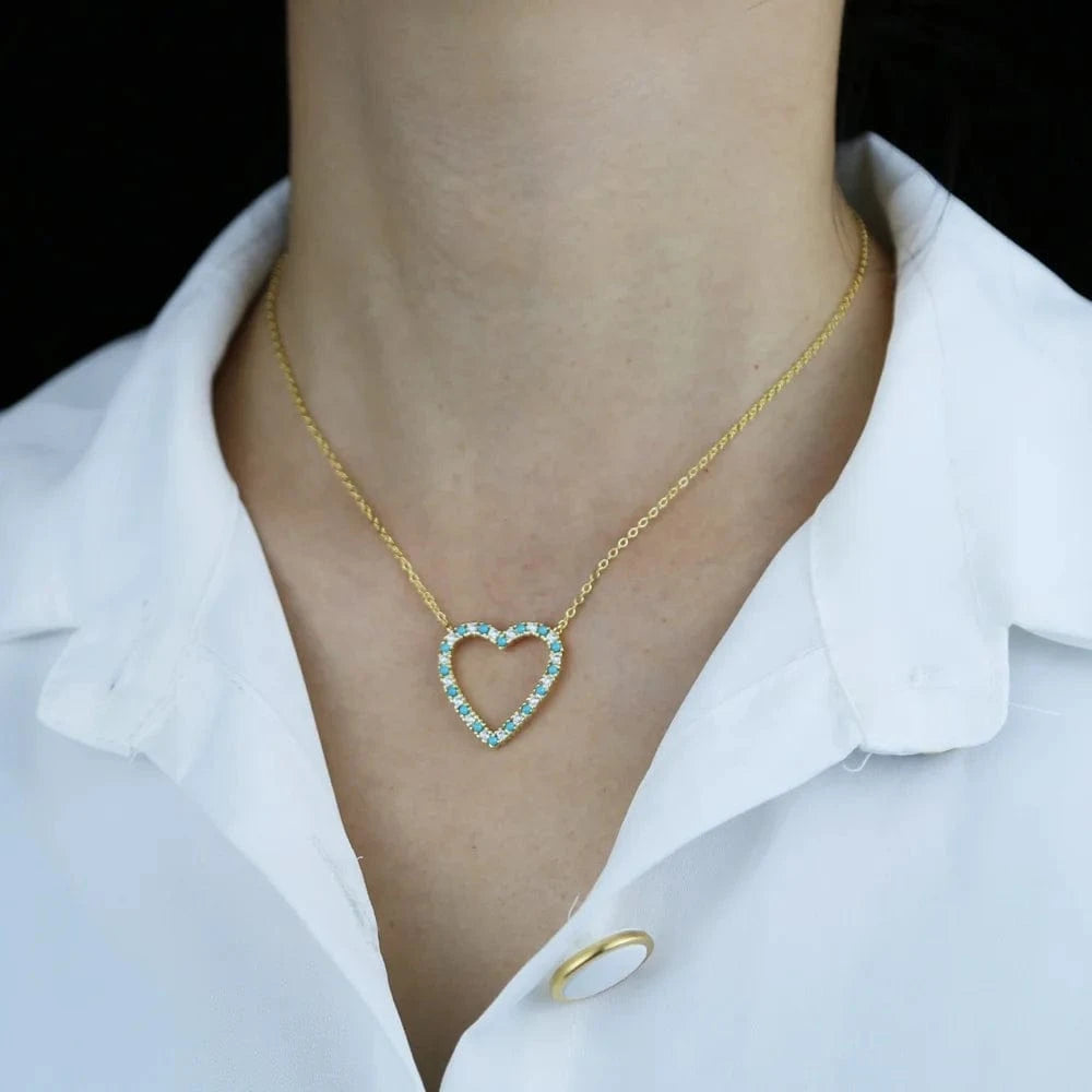 Fashion jewelry turquoise hollow out heart pendant Valentines's Day gift thin chain girl women necklace