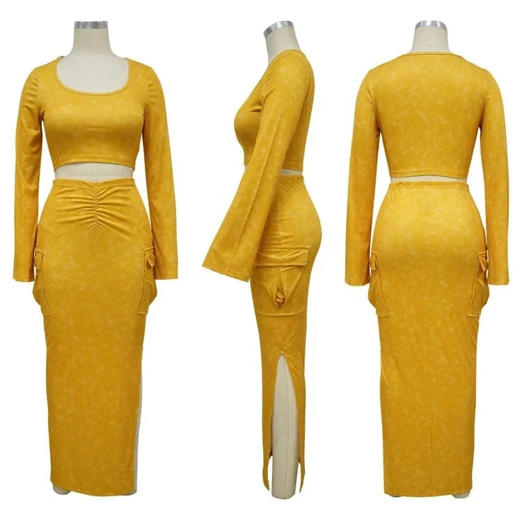 Fashion Knit Ribbed Women's Set Long Sleve Jacket and Pocket Side Split Maxi Skirts 2024 Two 2 Piece Sets