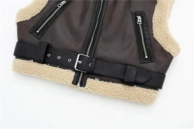Fashion Lamb Wool Patchwork Faux Leather Vest Women Lapel Sleeveless Zip-Up Belt Thicken Jackets 2024 Outwear