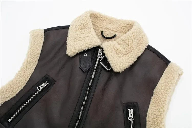 Fashion Lamb Wool Patchwork Faux Leather Vest Women Lapel Sleeveless Zip-Up Belt Thicken Jackets 2024 Outwear