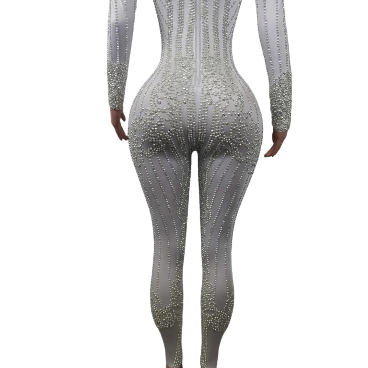 Fashion Long Sleeve White Pearl Bodysuit Night Club Party One Piece Jumpsuit Dance Leotard Plus Size Sexy Rompers Women Jumpsuit