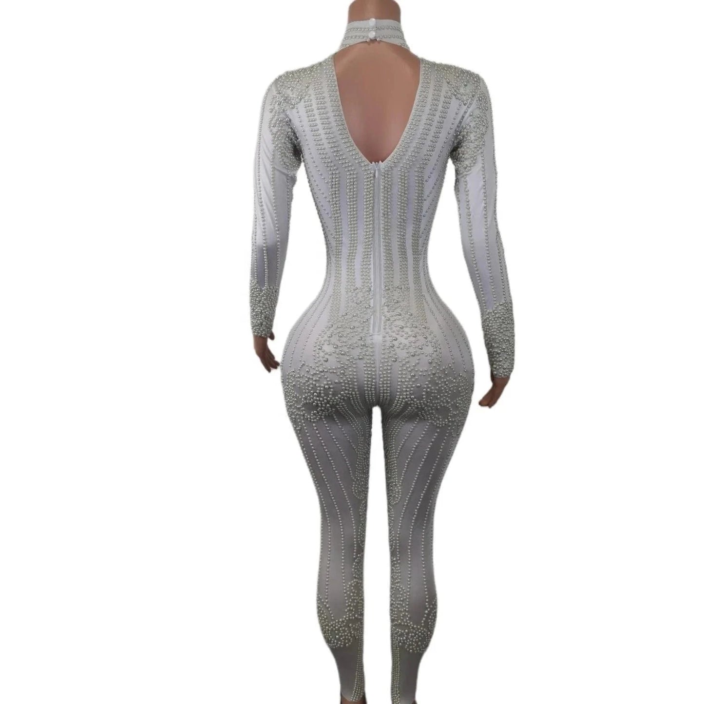 Fashion Long Sleeve White Pearl Bodysuit Night Club Party One Piece Jumpsuit Dance Leotard Plus Size Sexy Rompers Women Jumpsuit