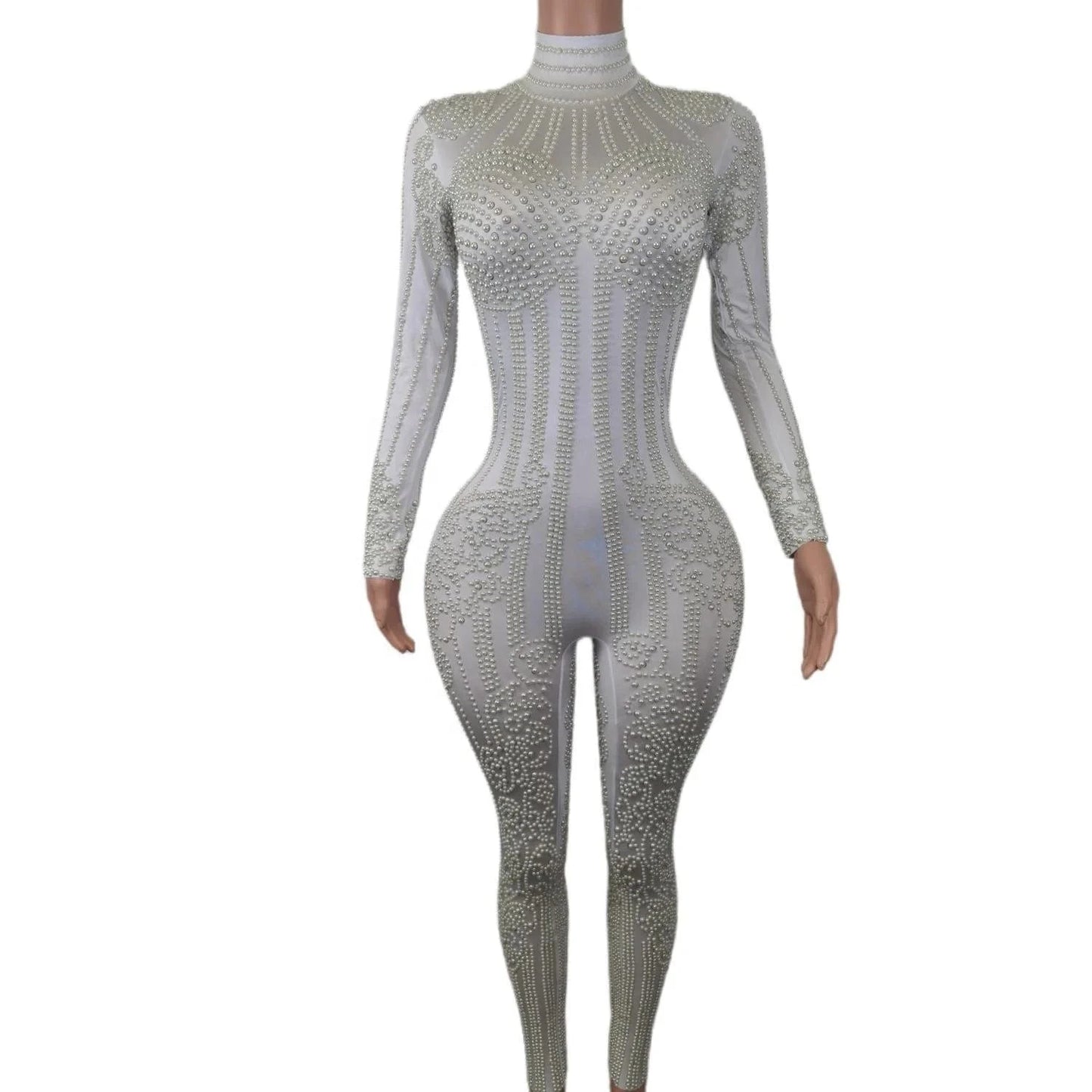 Fashion Long Sleeve White Pearl Bodysuit Night Club Party One Piece Jumpsuit Dance Leotard Plus Size Sexy Rompers Women Jumpsuit