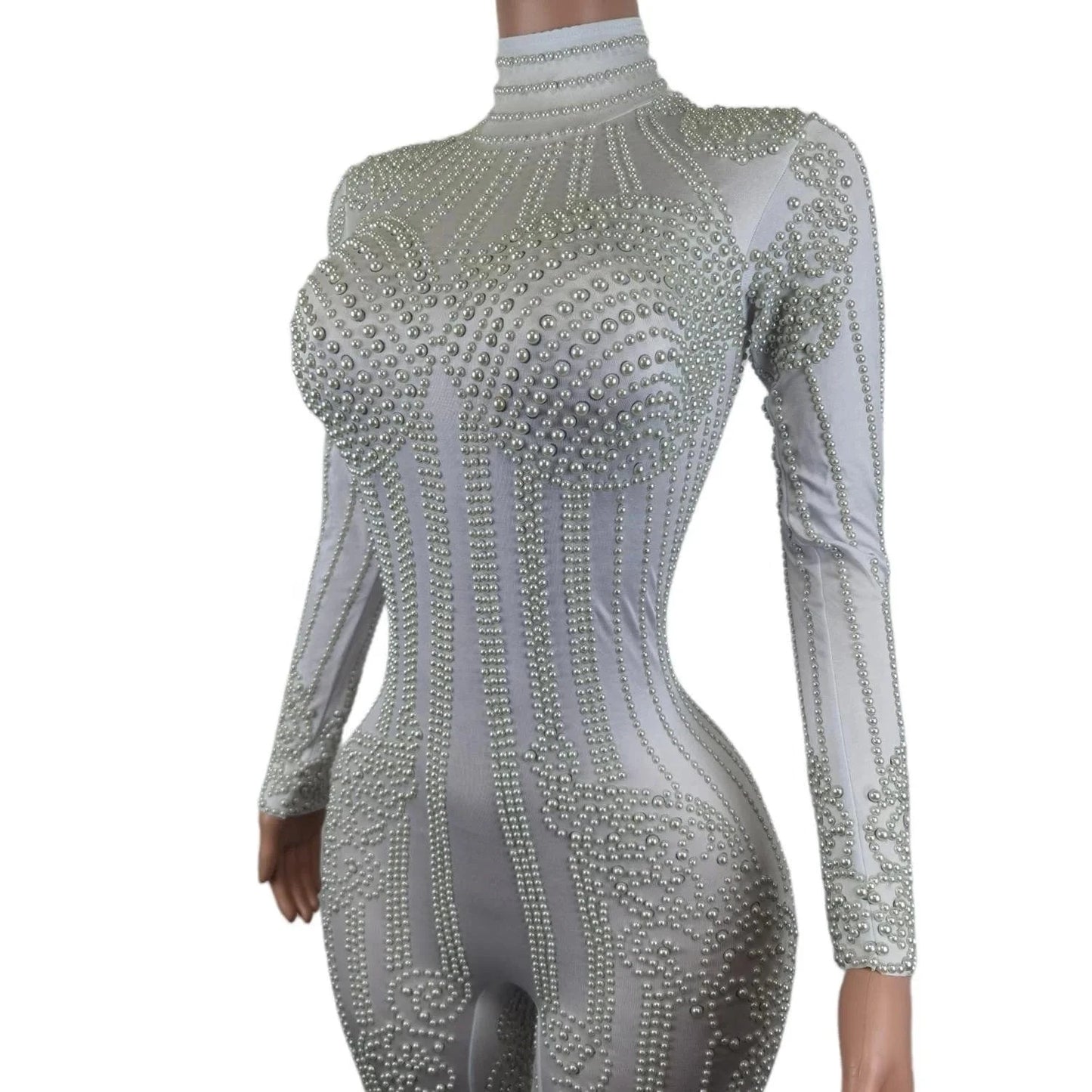 Fashion Long Sleeve White Pearl Bodysuit Night Club Party One Piece Jumpsuit Dance Leotard Plus Size Sexy Rompers Women Jumpsuit