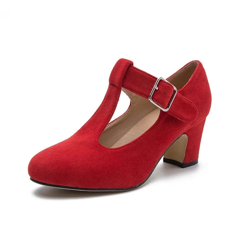 Fashion Mary Jane Shoes Round-toe Red Block Heels Female Spring T-strap Buckle Dress Shoes