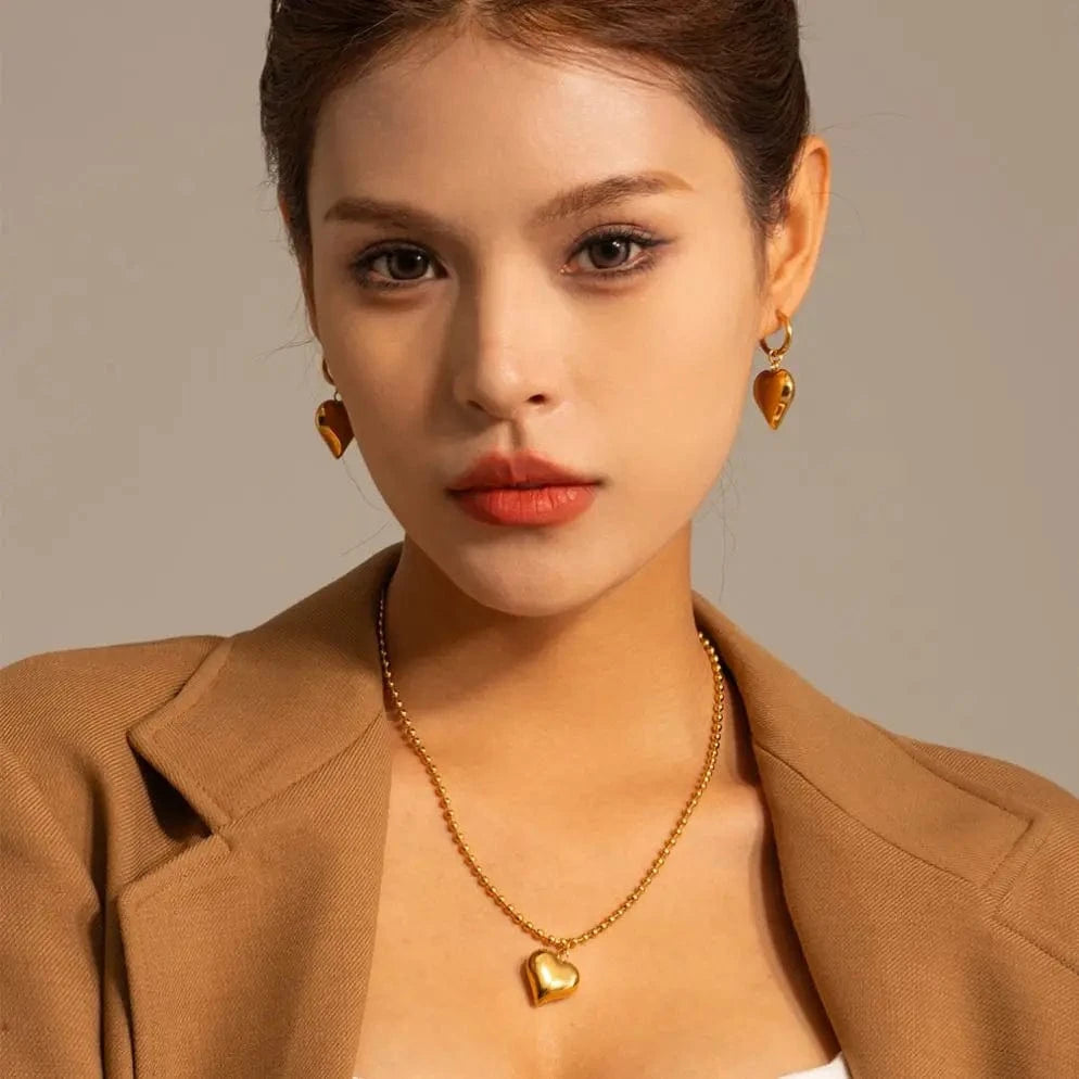 fashion / N2133 N2133 18K Gold Plated Stainless Steel Gift Beaded Chain 3D Dimensional Chunky Heart Pendant Sweater Necklace