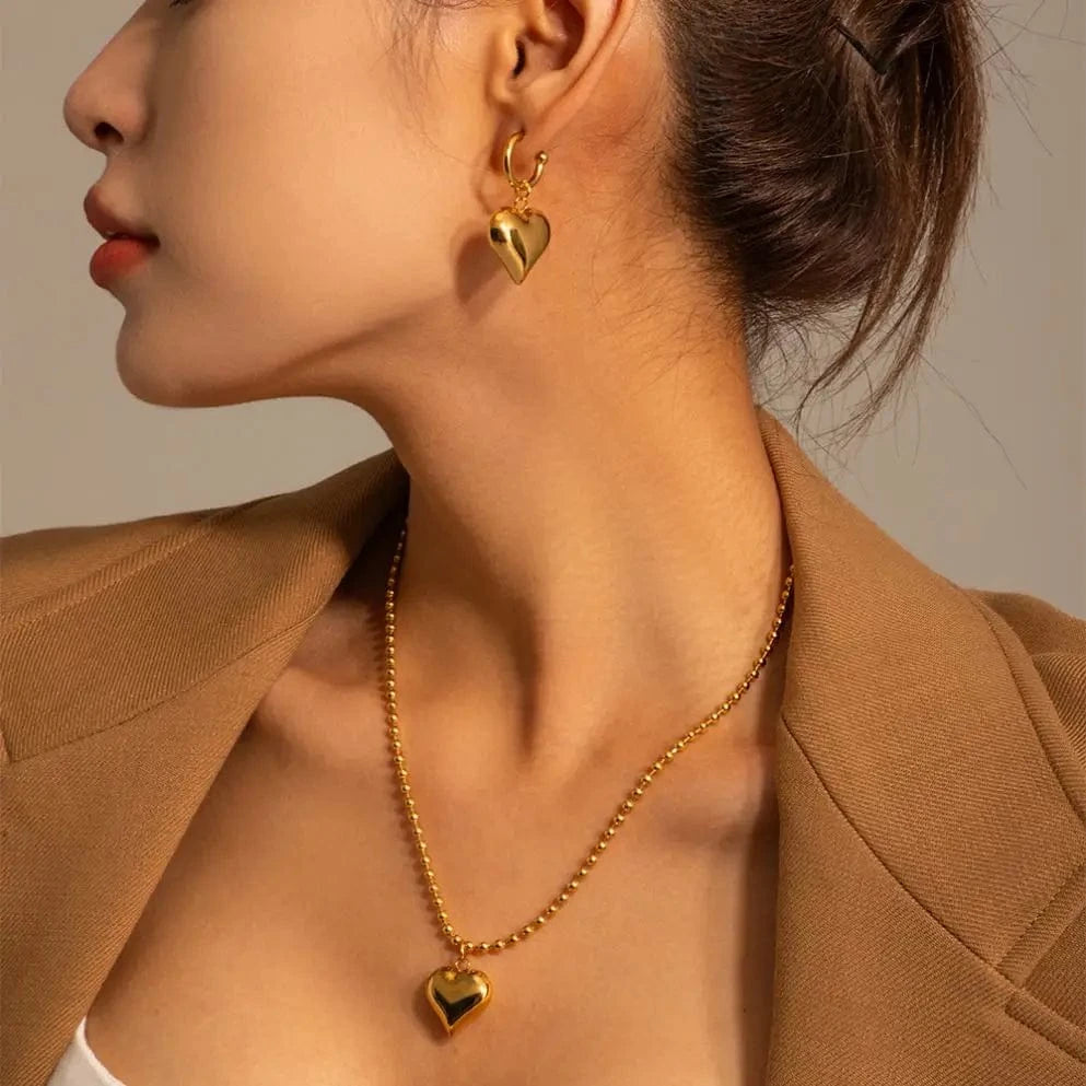 fashion / N2133 N2133 18K Gold Plated Stainless Steel Gift Beaded Chain 3D Dimensional Chunky Heart Pendant Sweater Necklace