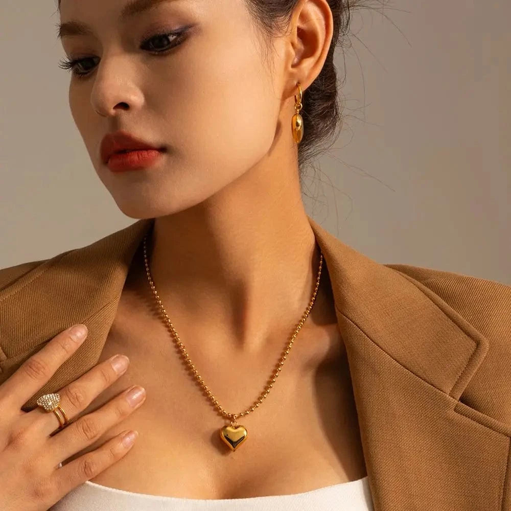 fashion / N2133 N2133 18K Gold Plated Stainless Steel Gift Beaded Chain 3D Dimensional Chunky Heart Pendant Sweater Necklace