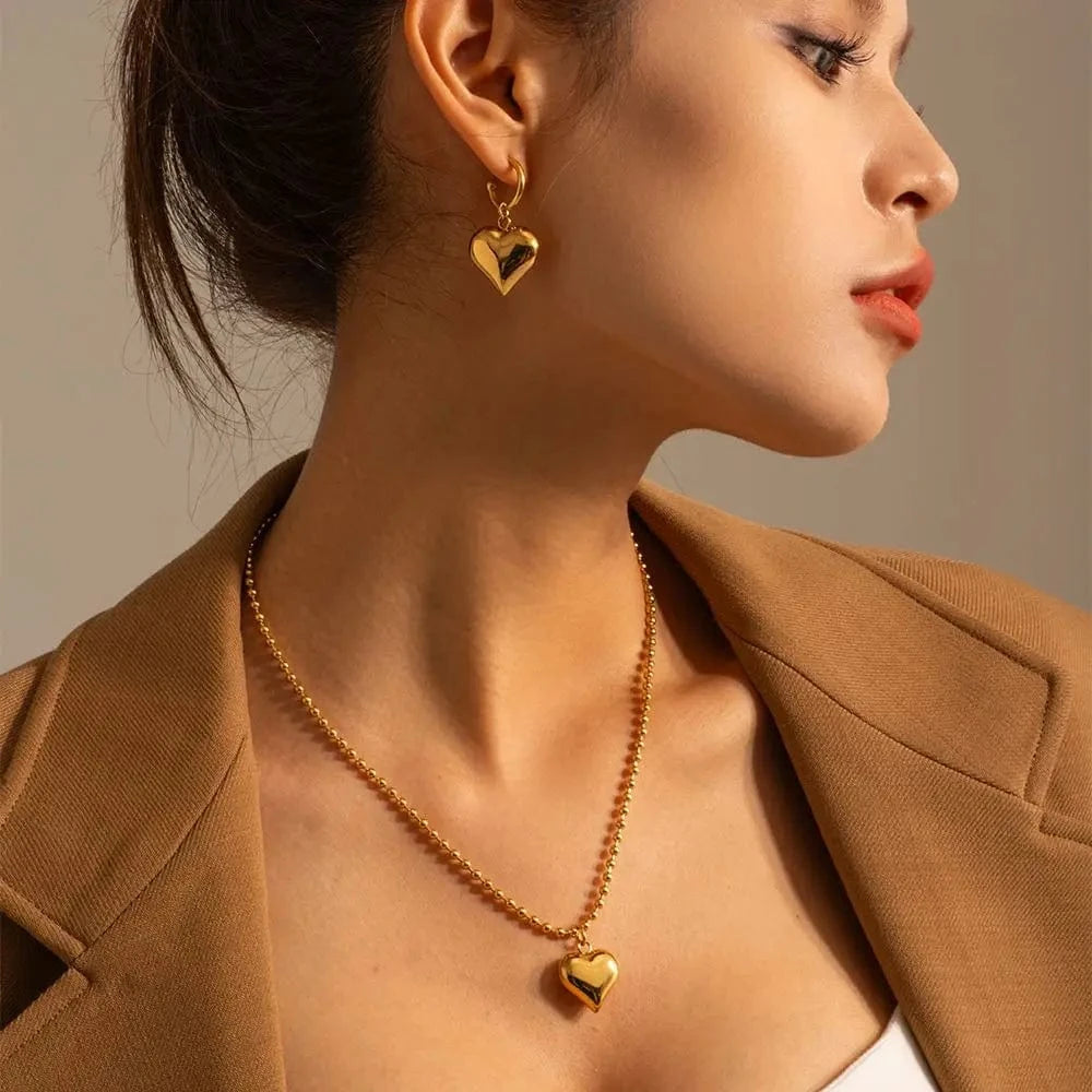 fashion / N2133 N2133 18K Gold Plated Stainless Steel Gift Beaded Chain 3D Dimensional Chunky Heart Pendant Sweater Necklace