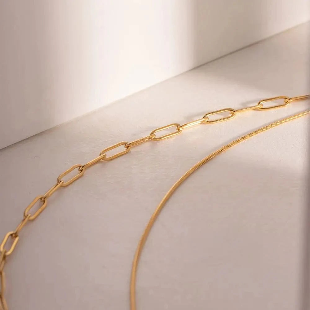 fashion / N2195 N2195 Fashion Waterproof 18K Gold Stainless Steel Jewelry Gift Double Layer Mulit Link Chain Choker Simple Necklace for Women