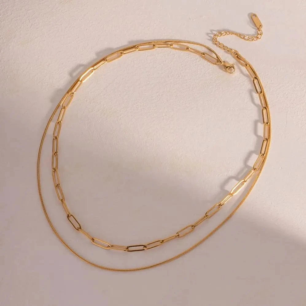fashion / N2195 N2195 Fashion Waterproof 18K Gold Stainless Steel Jewelry Gift Double Layer Mulit Link Chain Choker Simple Necklace for Women