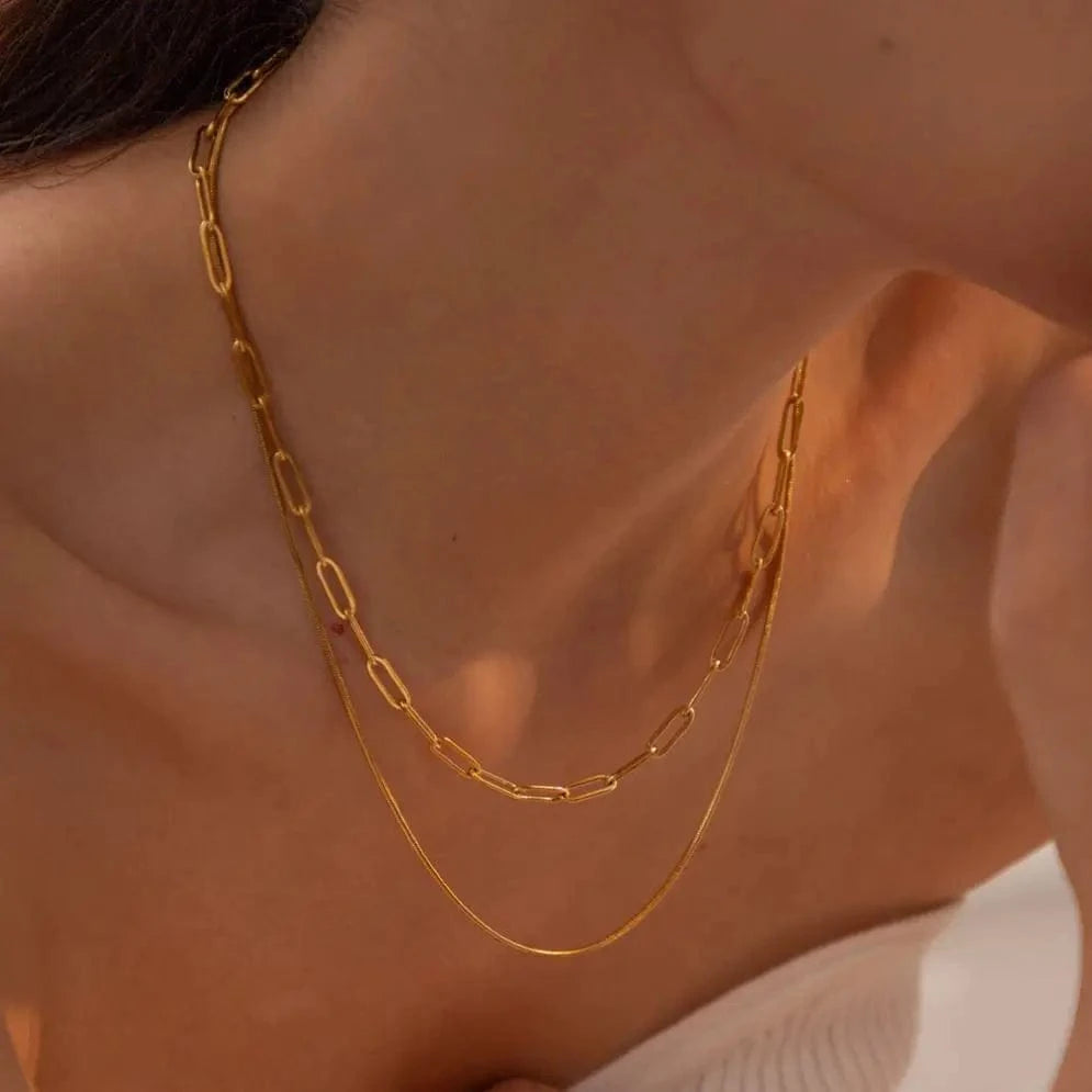 fashion / N2195 N2195 Fashion Waterproof 18K Gold Stainless Steel Jewelry Gift Double Layer Mulit Link Chain Choker Simple Necklace for Women