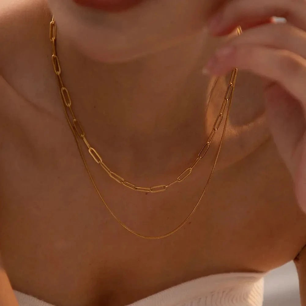 fashion / N2195 N2195 Fashion Waterproof 18K Gold Stainless Steel Jewelry Gift Double Layer Mulit Link Chain Choker Simple Necklace for Women