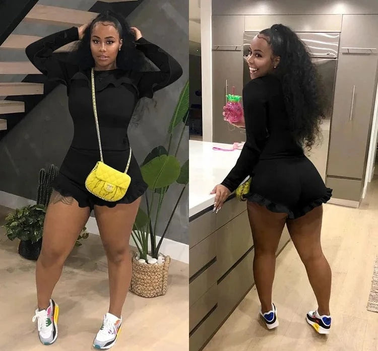 Fashion New Casual Two Piece Set Women Full Sleeve Top Short Outfits Pleated Ruched Patchwork Solid Street Lounge 2 Piece Set