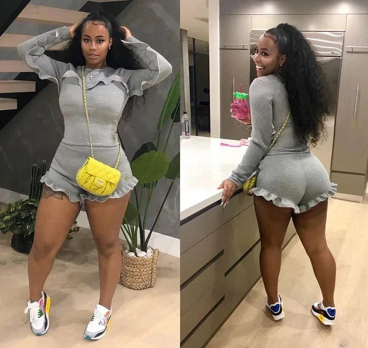 Fashion New Casual Two Piece Set Women Full Sleeve Top Short Outfits Pleated Ruched Patchwork Solid Street Lounge 2 Piece Set