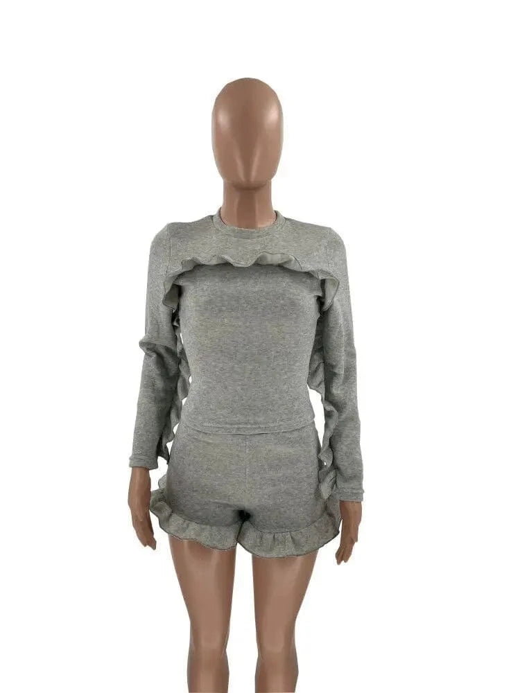 Fashion New Casual Two Piece Set Women Full Sleeve Top Short Outfits Pleated Ruched Patchwork Solid Street Lounge 2 Piece Set