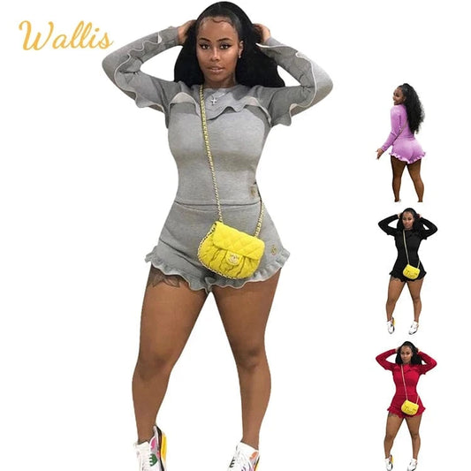 Fashion New Casual Two Piece Set Women Full Sleeve Top Short Outfits Pleated Ruched Patchwork Solid Street Lounge 2 Piece Set