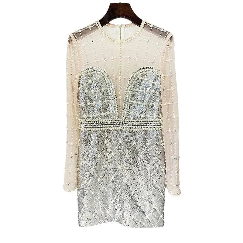 Fashion New Designer  Long Sleeve Celebrity Evening Sexy Hand Beading Bodycon Party Club Dress