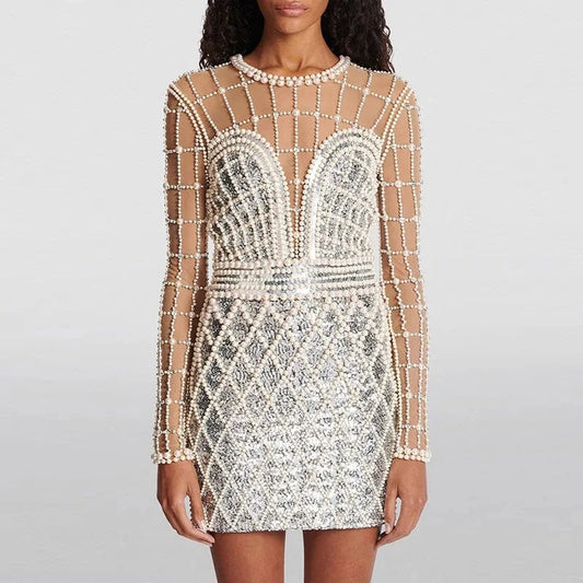 Fashion New Designer  Long Sleeve Celebrity Evening Sexy Hand Beading Bodycon Party Club Dress