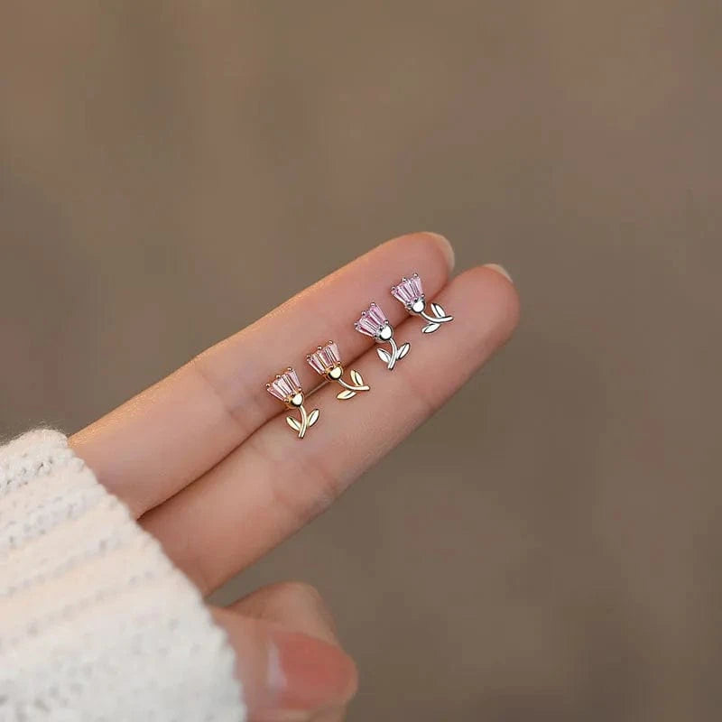 Fashion Pink Cubic Zircon Tulips Flower Stud Earrings Wholesale 925 Sterling Silver Girls Summer Jewelry Gifts