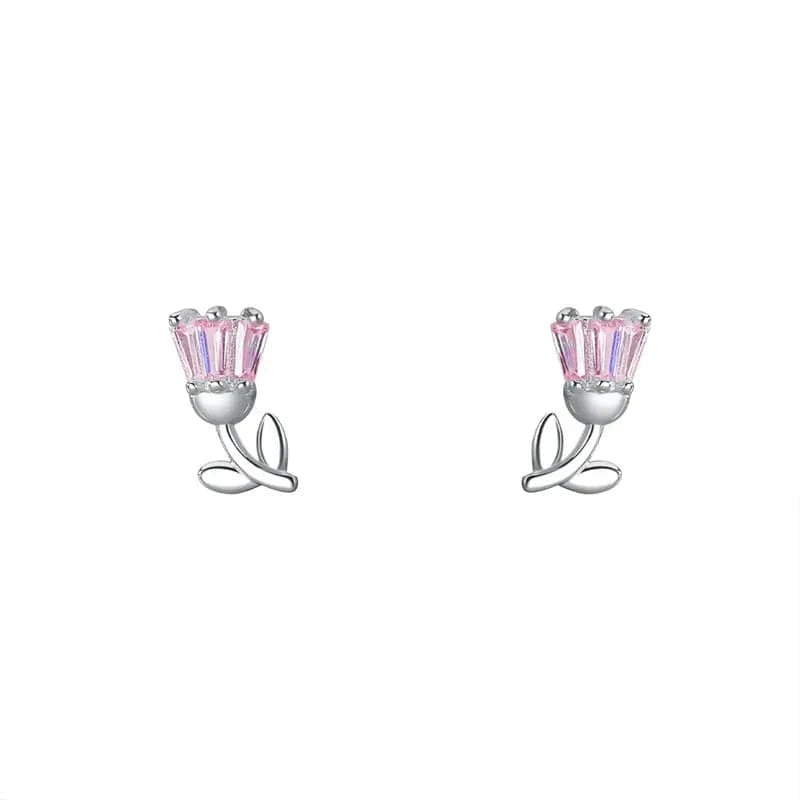 Fashion Pink Cubic Zircon Tulips Flower Stud Earrings Wholesale 925 Sterling Silver Girls Summer Jewelry Gifts
