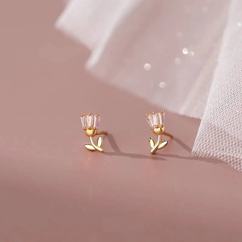 Fashion Pink Cubic Zircon Tulips Flower Stud Earrings Wholesale 925 Sterling Silver Girls Summer Jewelry Gifts
