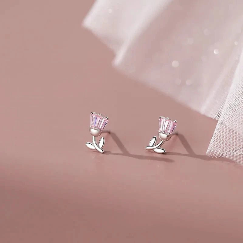 Fashion Pink Cubic Zircon Tulips Flower Stud Earrings Wholesale 925 Sterling Silver Girls Summer Jewelry Gifts