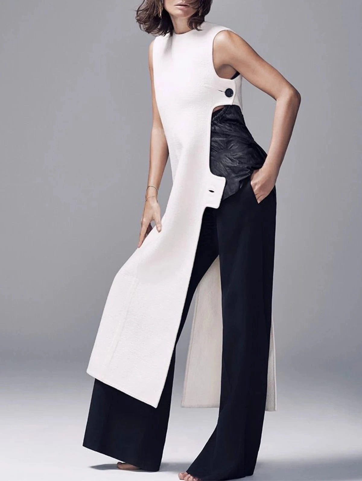 Fashion Plain Crew Neck Sleeveless Button Slit Dress Sexy Vintage Casual Chic Summer Slim Single Button High Street Long Dress