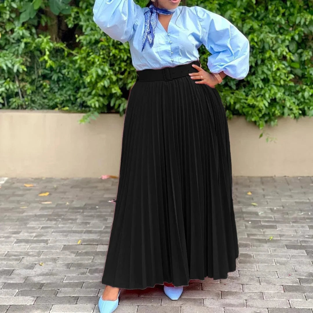 Fashion Pleated Elastic Waist Maxi Skirt Women Solid With Belt 2023