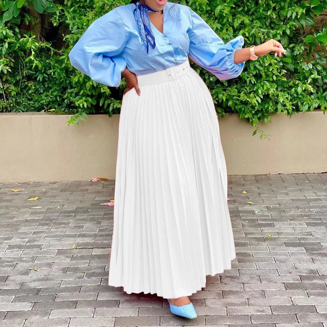 Fashion Pleated Elastic Waist Maxi Skirt Women Solid With Belt 2023