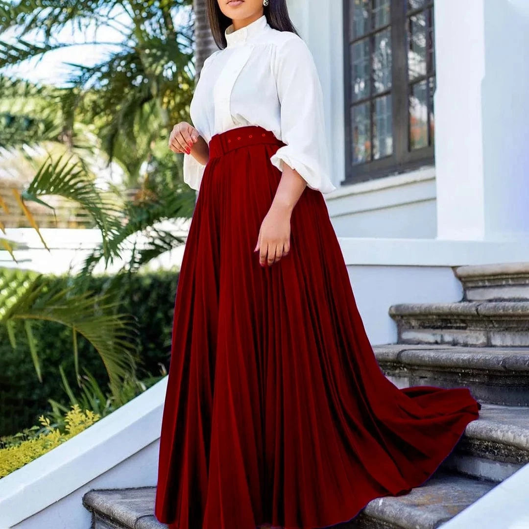 Fashion Pleated Elastic Waist Maxi Skirt Women Solid With Belt 2023