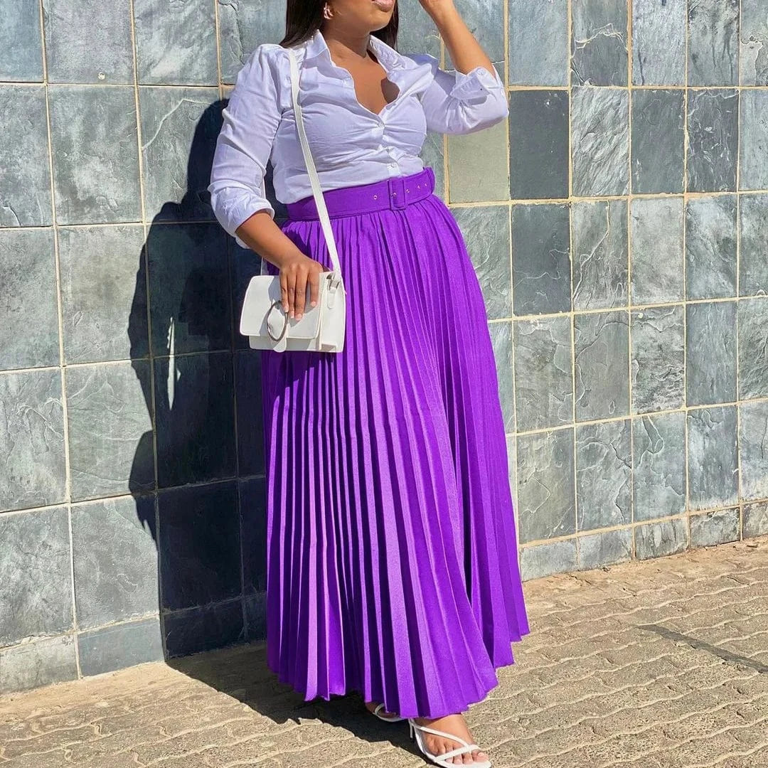 Fashion Pleated Elastic Waist Maxi Skirt Women Solid With Belt 2023