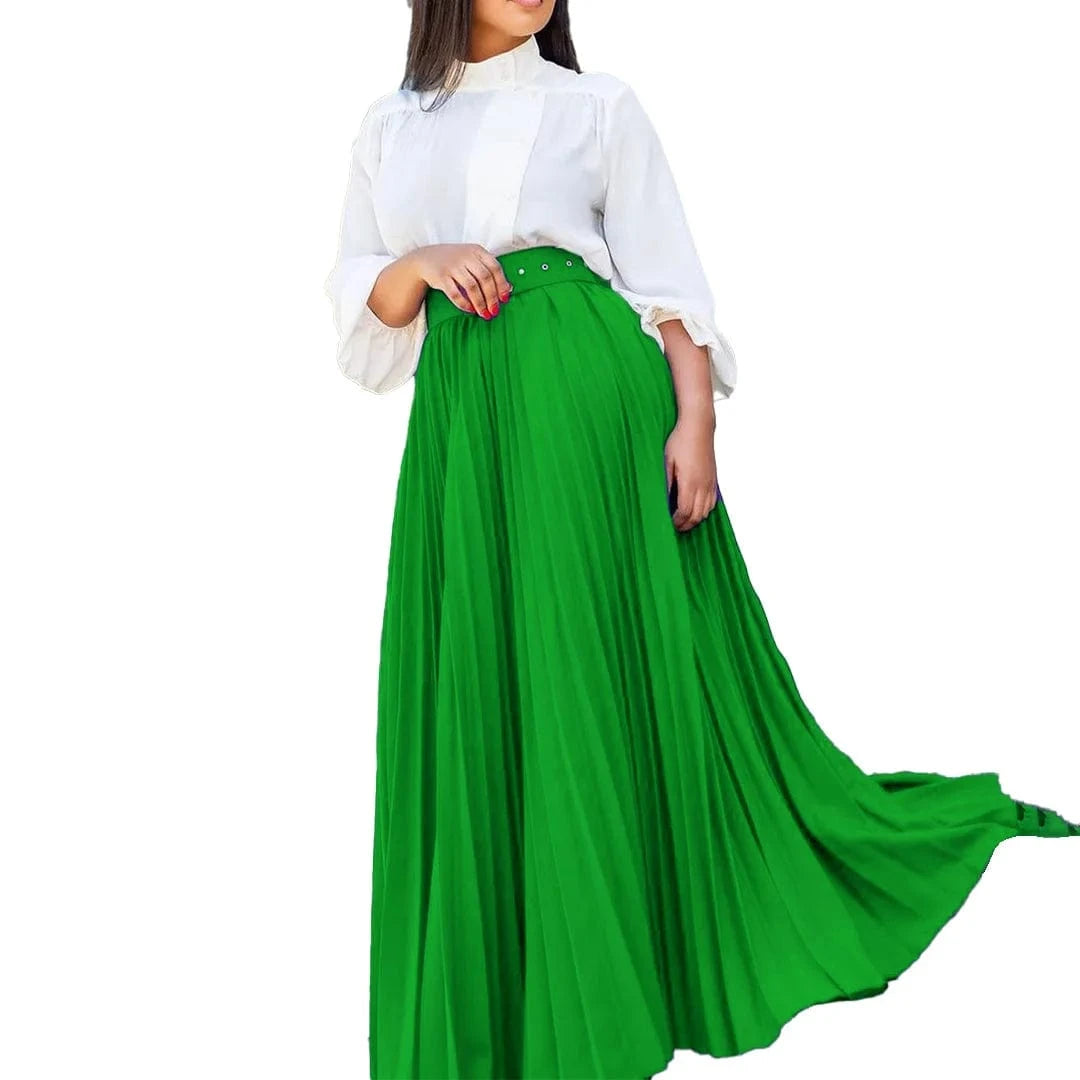 Fashion Pleated Elastic Waist Maxi Skirt Women Solid With Belt 2023