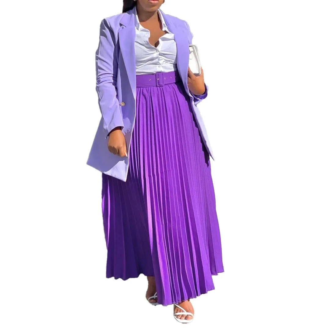 Fashion Pleated Elastic Waist Maxi Skirt Women Solid With Belt 2023