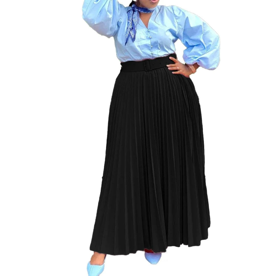 Fashion Pleated Elastic Waist Maxi Skirt Women Solid With Belt 2023