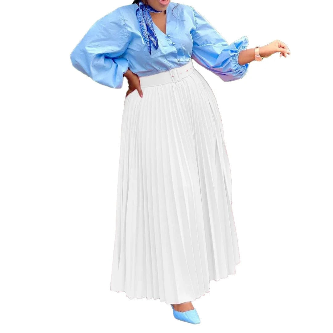 Fashion Pleated Elastic Waist Maxi Skirt Women Solid With Belt 2023