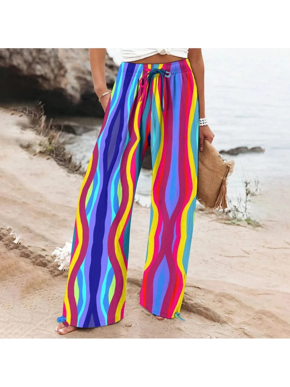 Fashion Rainbow Ripple Printed Casual Beach Pants Dopamine Style Summer Loose Soft Wide Leg Pants Versatile Party Outfit