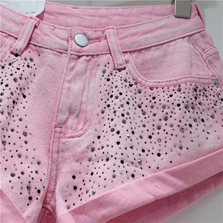 Fashion Retro Rhinestone Denim Shorts Women 2024 Summer New A- Line Wide Leg Short Pants Ultra Short Booty Shorts for Hot Girls