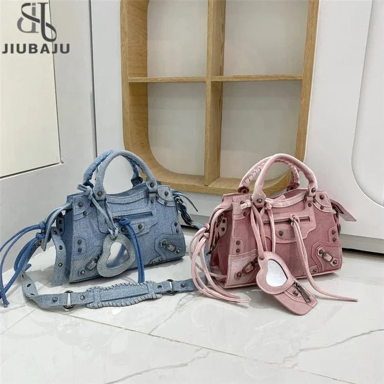 Fashion Rivet Shoulder Bag Summer New Female Luxury Handbags Vintage Velvet Denim Bag for Women