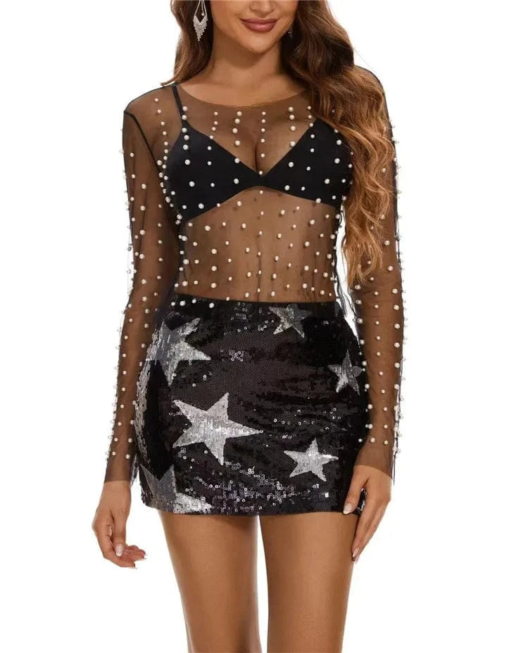 Fashion Sequins Stars Mini Skirt Women Sexy High Waist Sparkling Party Club Skirt