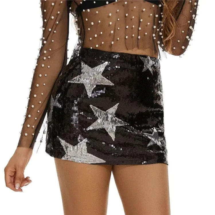 Fashion Sequins Stars Mini Skirt Women Sexy High Waist Sparkling Party Club Skirt