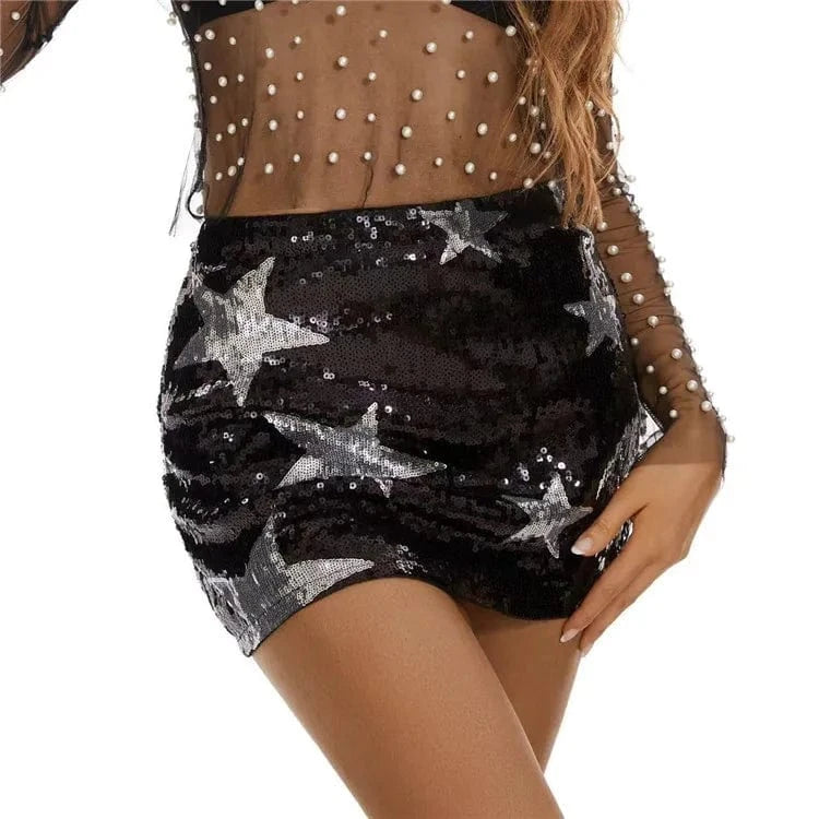Fashion Sequins Stars Mini Skirt Women Sexy High Waist Sparkling Party Club Skirt