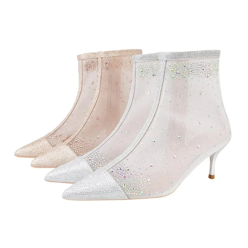 Fashion sexy women's boots stiletto high heels women's shoes rhinestone pointed toe fashion boots mesh all-match short boots