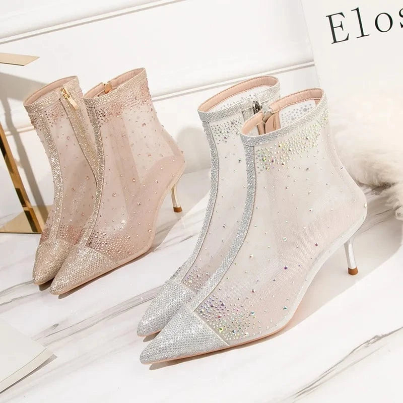 Fashion sexy women's boots stiletto high heels women's shoes rhinestone pointed toe fashion boots mesh all-match short boots