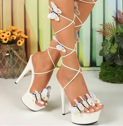 Fashion Shoes Embroidered Butterfly Cross Strap 15CM Platform Sandals Women Sexy Elegant Ladies Wedding Prom High Heels