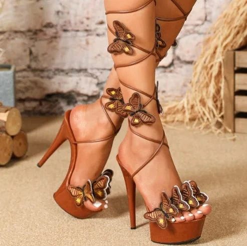 Fashion Shoes Embroidered Butterfly Cross Strap 15CM Platform Sandals Women Sexy Elegant Ladies Wedding Prom High Heels