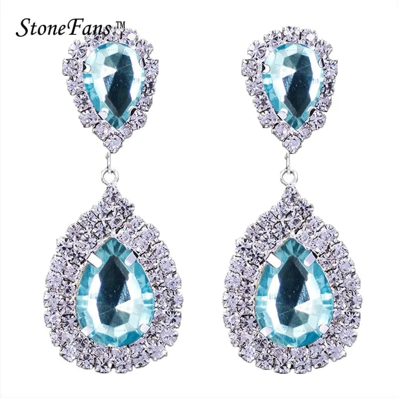 Fashion / show as picture / Blue Fashion Crystal Pendant Drop Earrings for Women Bridal Wedding Jewelry Opp Bag Silver Plated Party Jewelry Water Drop Rhinestone