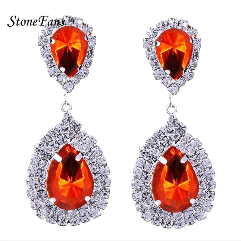 Fashion / show as picture / Orange Fashion Crystal Pendant Drop Earrings for Women Bridal Wedding Jewelry Opp Bag Silver Plated Party Jewelry Water Drop Rhinestone