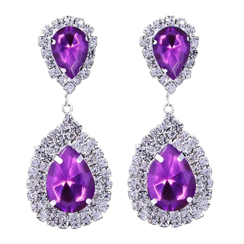 Fashion / show as picture / Purple Fashion Crystal Pendant Drop Earrings for Women Bridal Wedding Jewelry Opp Bag Silver Plated Party Jewelry Water Drop Rhinestone